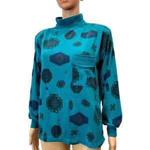 80s Teal Aztec Print Mock Neck Sweatshirt Soft Oversized Cotton Blend Top S
